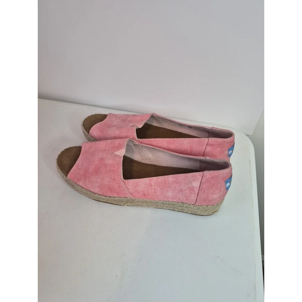 TOMS PINK / RED Chambray Espadrilles Low Wedge Peep Toe Slip On Shoes Sz 10‎